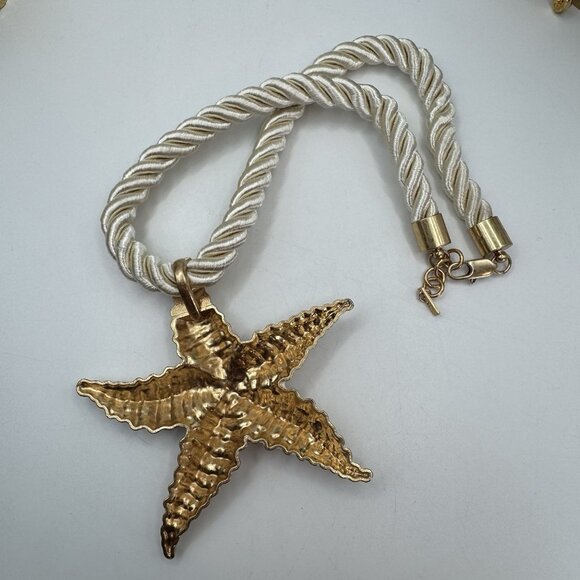 ZARA Women's Gold Textured Starfish Ivory Cord 20" Statement Necklace Coastal - Picture 6 of 9